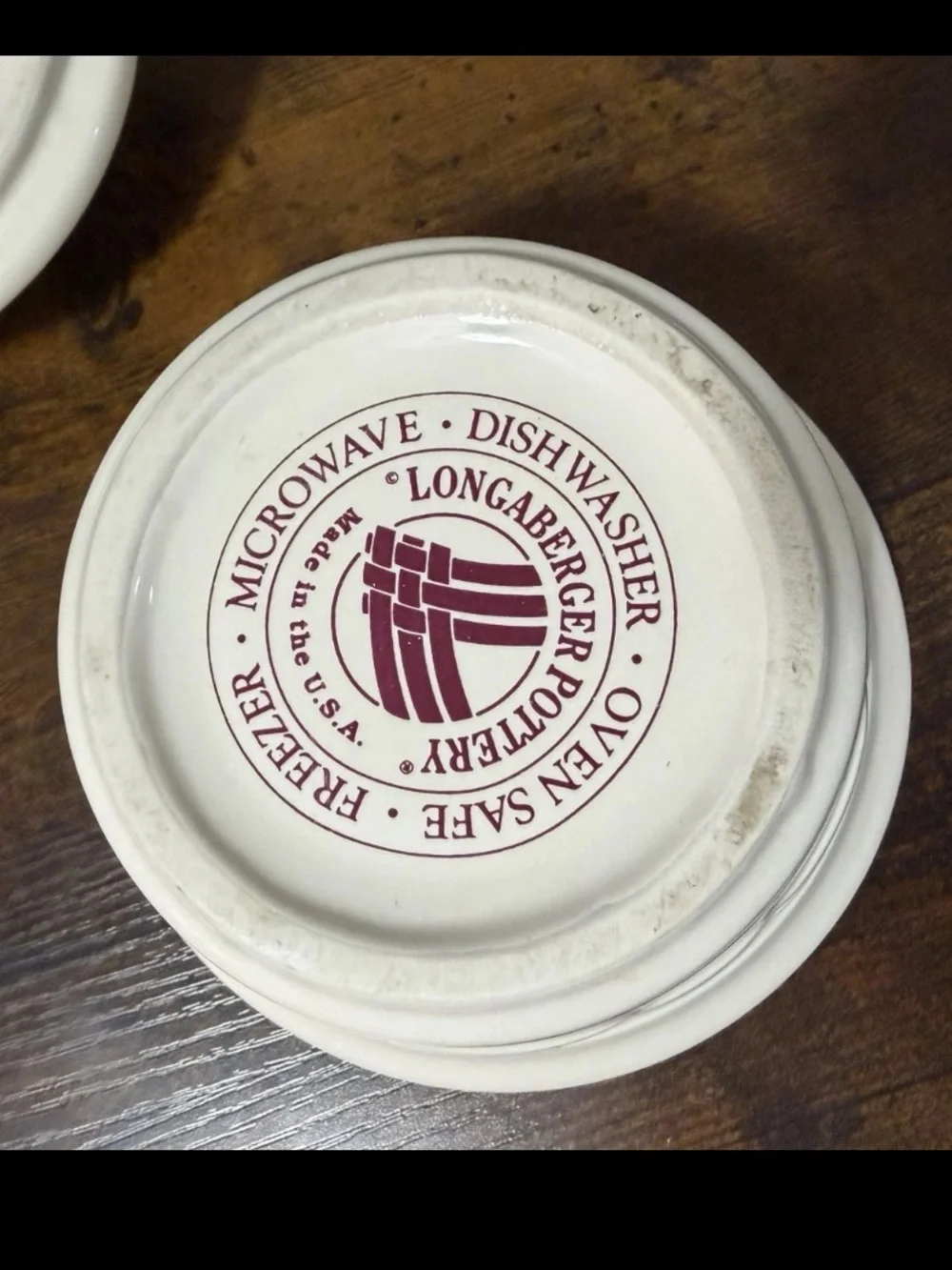 Longaberger Cream Ceramic Lid with Maroon Logo